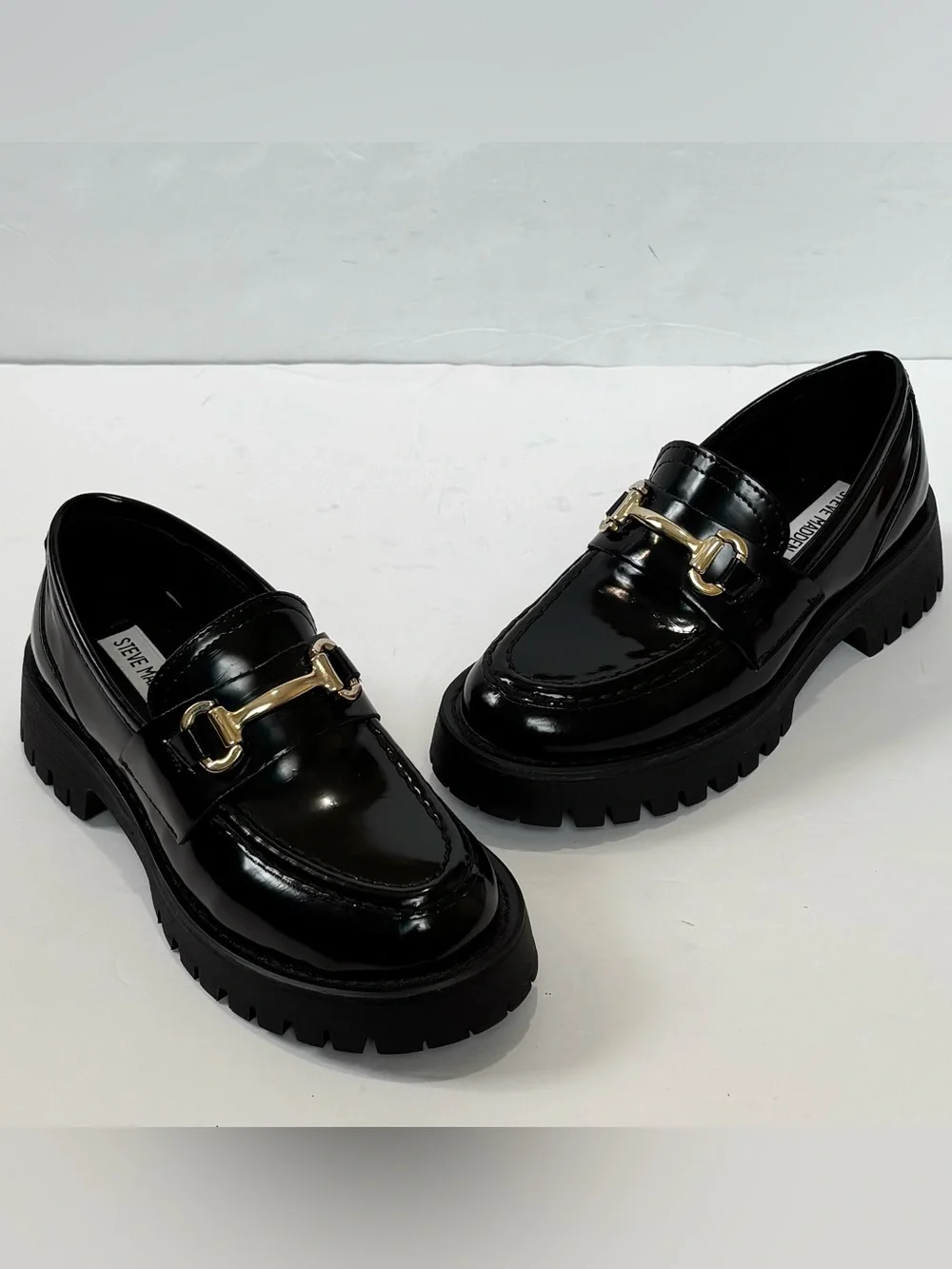 NEW Steve Madden Horsebit Lando Black Patent Chunky Platform Lug Sole Loafer 5.5